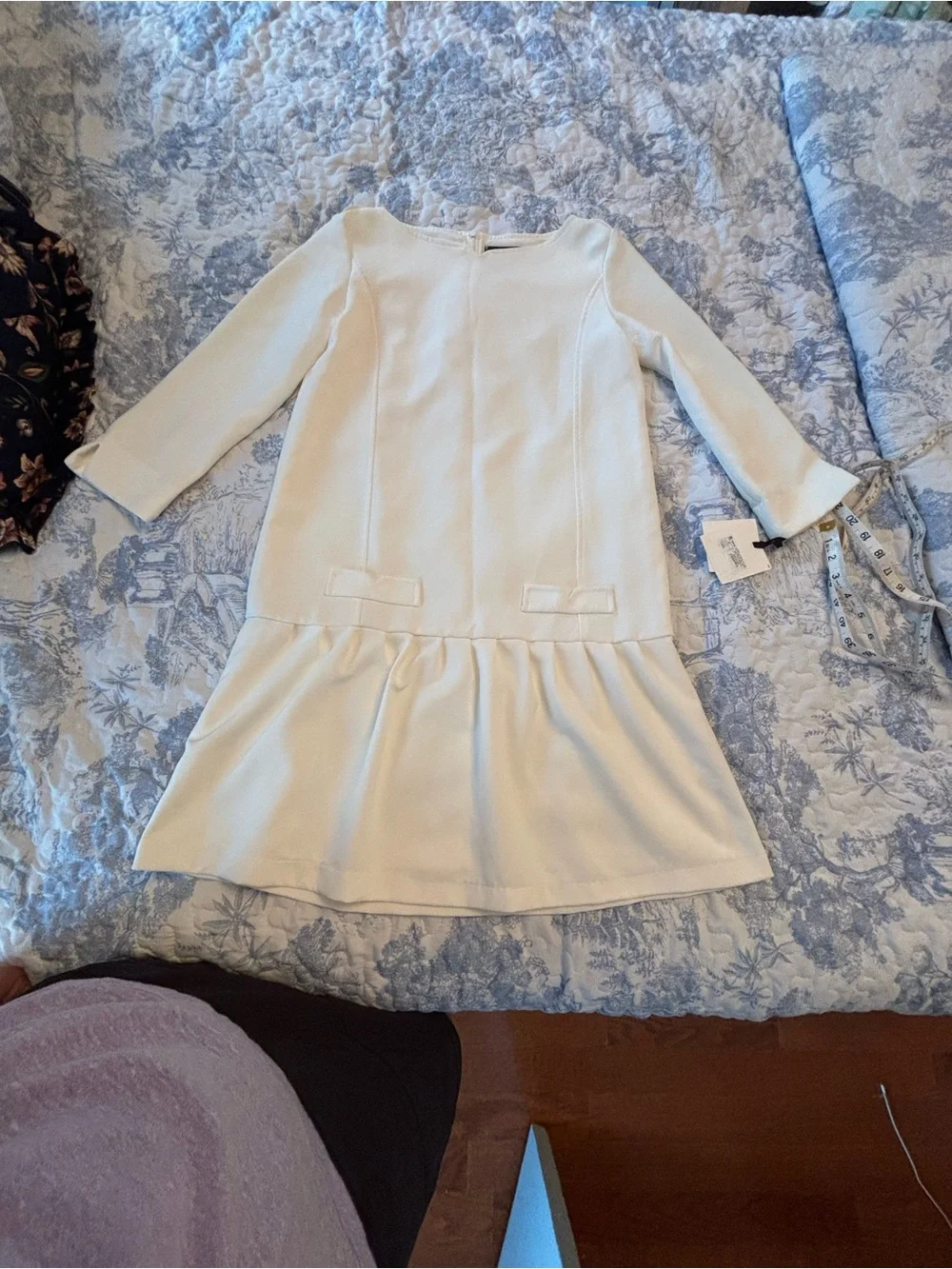 NWT Victoria Beckham Girls XL Cream Drop-Waist Dress Three-Quarter Sleeves